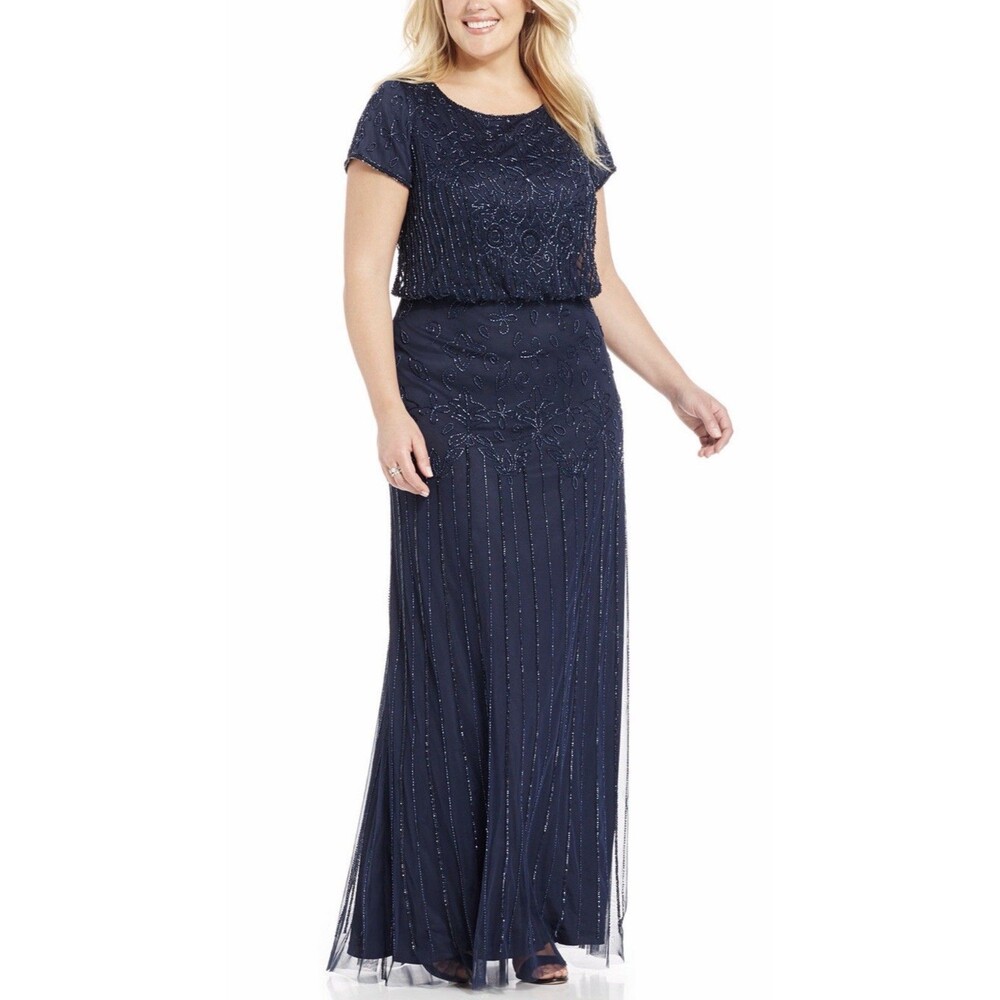 Adrianna Papell Blue Plus Size Bead Illusion Blouson Sequin Long Gown Dress 24W
